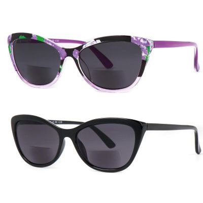 Hyyiyun 2 Pack Spring Hinge Bifocal Reading Sunglasses for Women,Cat-eye Designer Floral Outdoor UV Protection (Black & Purple Flower Sunglasses lens, 2.5, x)