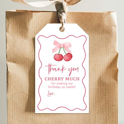 TIRYWT Cherry Birthday Thank You Tags with String, 50 Pack Pink Bow Cherry Party Favor Tags for Presents and Gift Bags A02