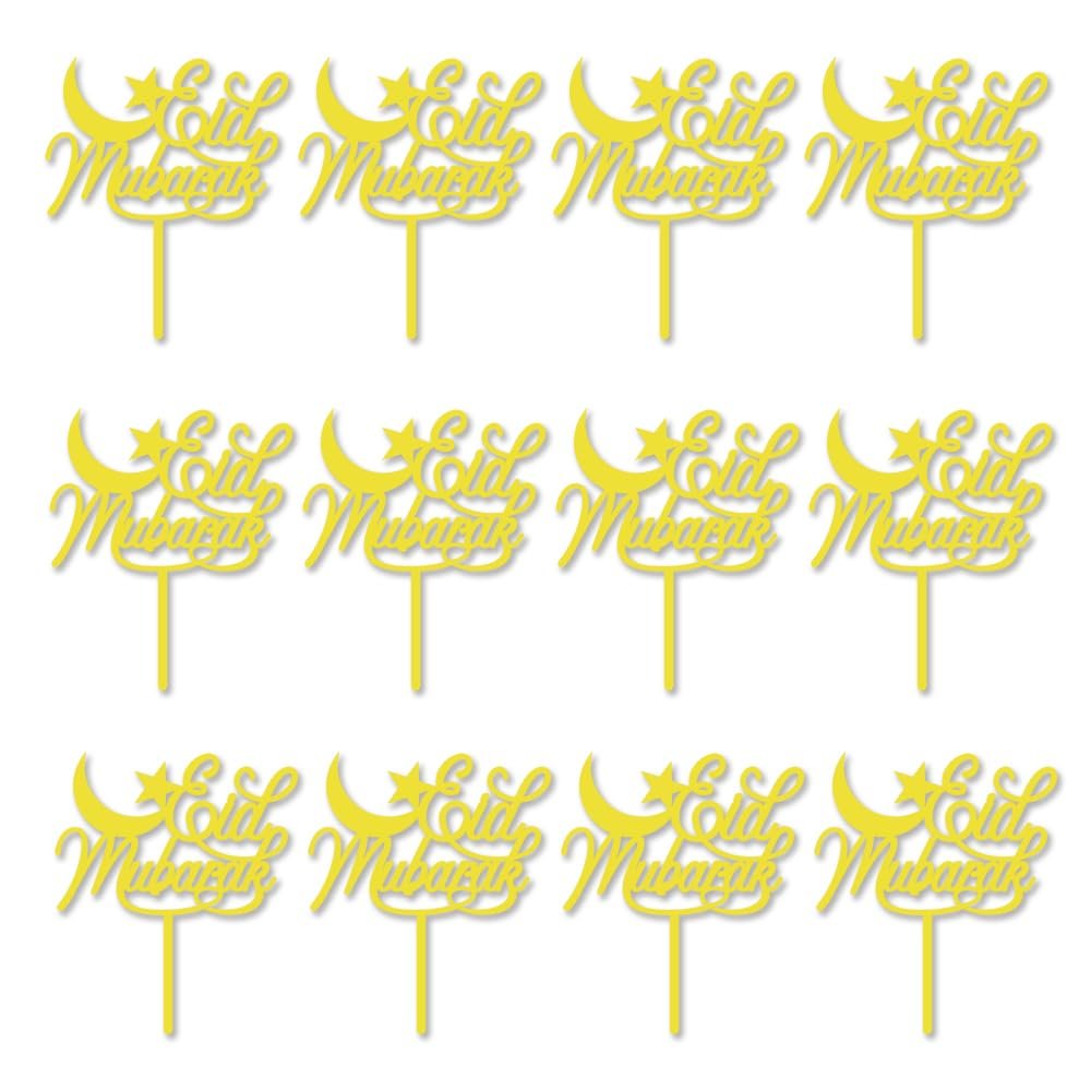 12 Pcs Acrylic Eid Mubarak Glitter Moon and Star Cupcake ToppersHappy Eid Ramadan Kareem Party Cupcake Picks for Eid Islamic Muslim Party Cake Decorations