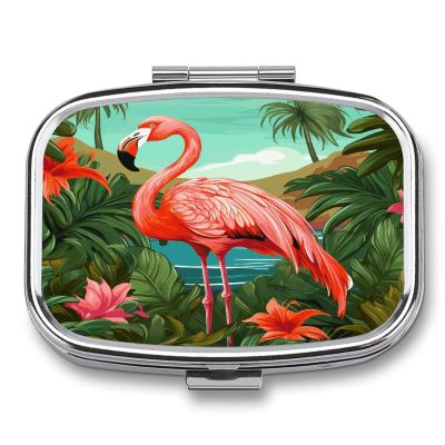 Tropical Flamingo Pill Box 2-Compartment Portable Travel Square Pill Case Daily Pill Holder with Store Vitamins Pocket Medicine Organizer for Office Home Fish Oil