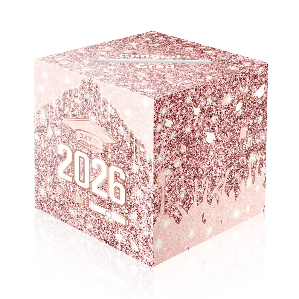 2026 Graduation Card Box Holder, Foldable Grad Congrat Decoration Box for Girls Women Graduation Party Celebration Pink