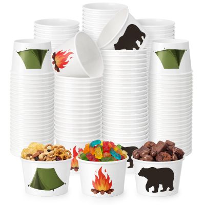 CHENGU 120 Pcs 9 oz Camping Paper Treat Cups Adventure Awaits VBS Party Supplies Campfire Bear Forest Disposable Snack Bowls for Hiking Picnic Sunday School BBQ Birthday Party