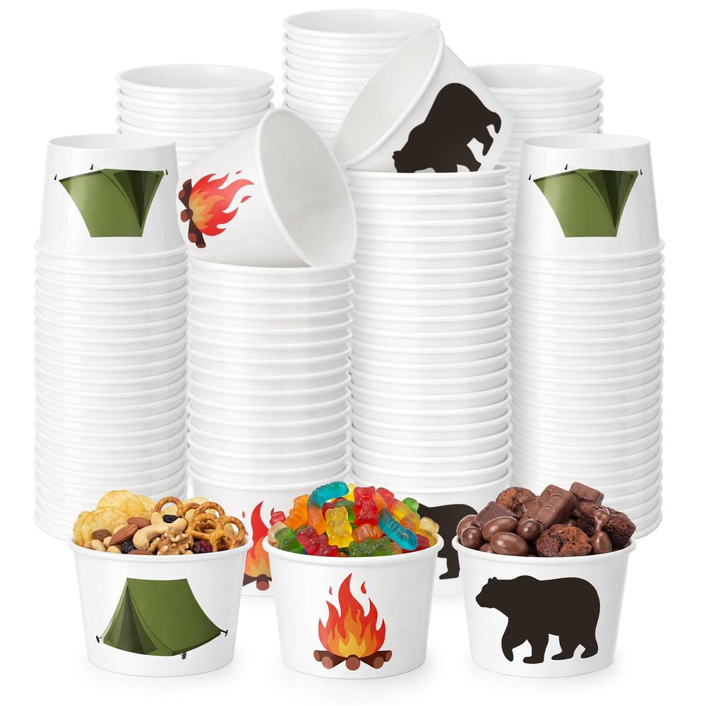 CHENGU 120 Pcs 9 oz Camping Paper Treat Cups Adventure Awaits VBS Party Supplies Campfire Bear Forest Disposable Snack Bowls for Hiking Picnic Sunday School BBQ Birthday Party