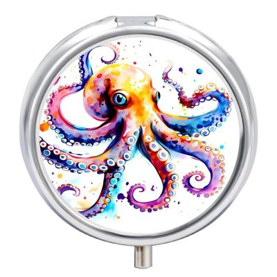 WINCCOR Watercolor Octopus Pill Box, Small Pill Organizer with 3 Compartments and Mirror, Fun Round Portable Travel Metal Pill Case for Pocket Or Purse