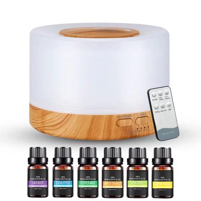 6 Oils, 500ml Ultrasonic Essential Oil Diffuser, Remote Control Wood Humidifier with 7 LED Mood Lights, Aromatherapy Diffuser for Home, Office, and Relaxation (Natural Wood)
