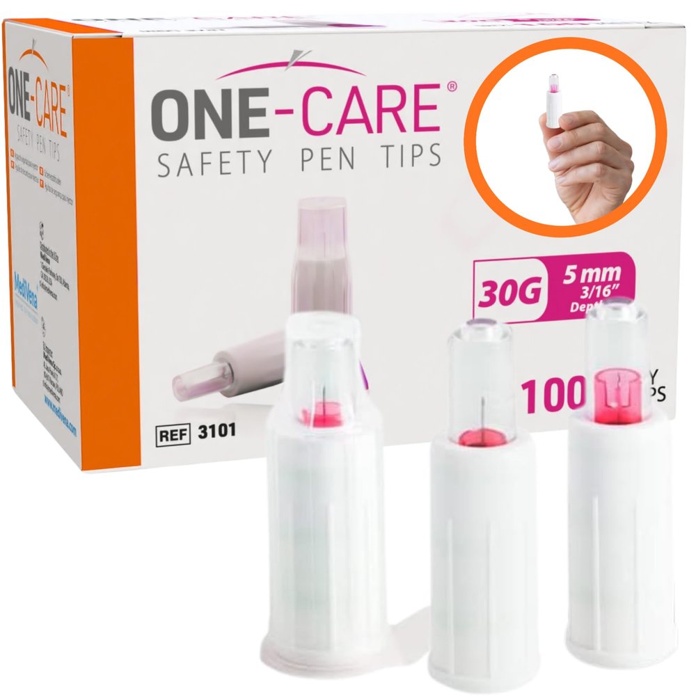 ONE-CARE Safety Pen Tips 30G x 5mm (3/16), Automatic Shield Design, Universal Twist-On Fit for Most Pen Devices, Individually Sealed, Box of 100