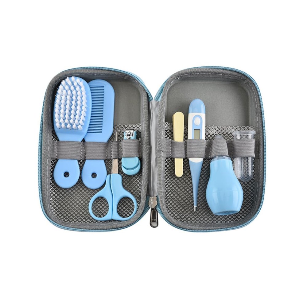 Baby Grooming Kit, 8PCS Portable Newborn Care Essentials Set with Safety Nail Cutter in Blue