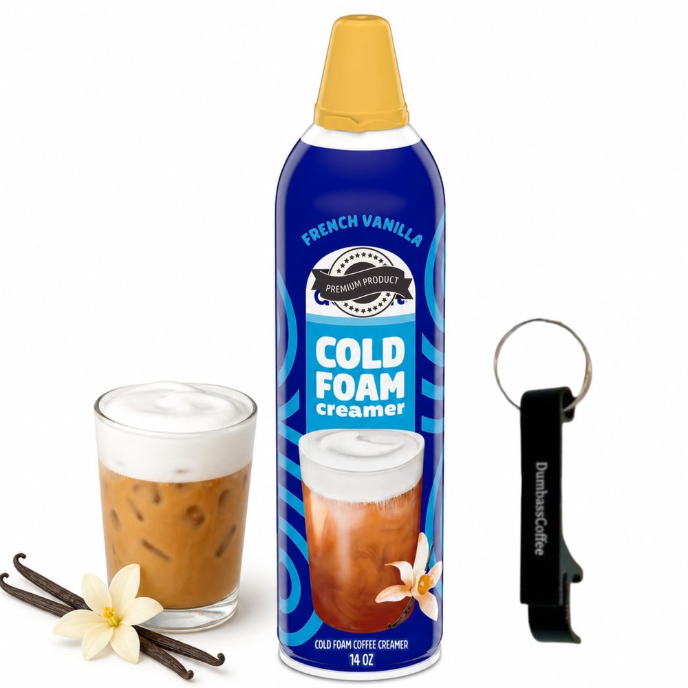Cold Foam Flavored Coffee Creamer, 14 oz Can with Dumbass Coffee Bottle Opener Keychain (French Vanilla) Keychain