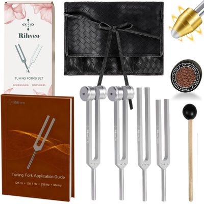 Tuning Forks for Healing Set (128Hz, 136.1Hz, 256Hz, 384Hz) with Activator & Reflex Hammer, Sound Therapy Instruments for Chakra/Yoga/Meditation, Frequency Healing Devices with Crystal Base