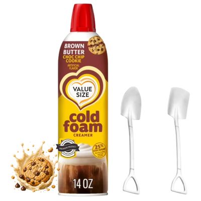 Cold Foam Flavored Coffee Creamer, 14 oz Can with Dumbass Coffee Mini Metal Shovel Spoons (Brown Butter Choc Chip Cookie) Shovel Spoons