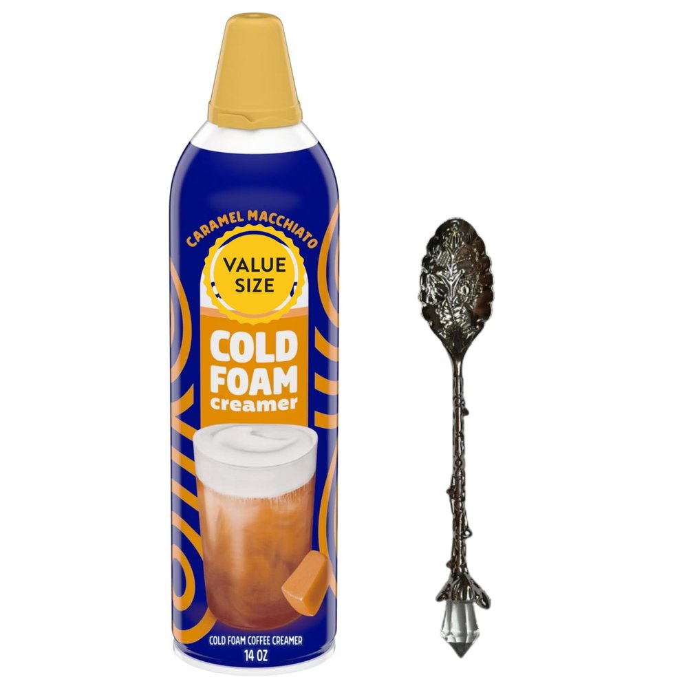 Cold Foam Flavored Coffee Creamer, 14 oz Can with Dumbass Coffee Gem Spoon (Caramel Macchiato) Gem Spoon