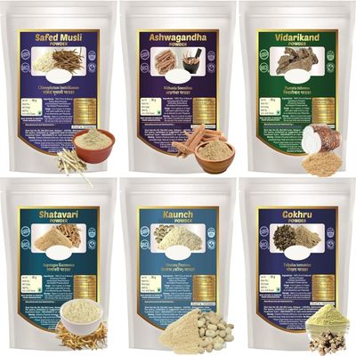 10.5Ounce / 300Gram Safed Musli, Ashwagandha, Shatavari, Gokhru, Vidarikand & Kaunch Beej Pow.der (50g Each), Pack of 6 by GT
