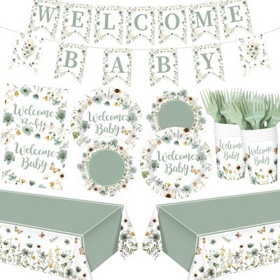 LemonRoad 128 Pcs Sage Green Floral Baby Shower Party Decorations for 25 Guests, Wildflower Welcome Baby Shower Paper Plates Napkins Cups Tablecloth Forks Banner for Spring Gender Reveal Party Supply