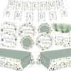 LemonRoad 128 Pcs Sage Green Floral Baby Shower Party Decorations for 25 Guests, Wildflower Welcome Baby Shower Paper Plates Napkins Cups Tablecloth Forks Banner for Spring Gender Reveal Party Supply view 1