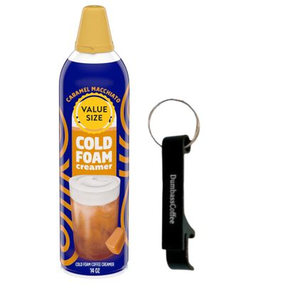 Cold Foam Flavored Coffee Creamer, 14 oz Can with Dumbass Coffee Bottle Opener Keychain (Caramel Macchiato) Keychain