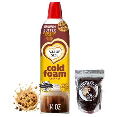 Cold Foam Flavored Coffee Creamer, 14 oz Can with Dumbass Coffee Whole CoffeeBean Medium/Dark 1 oz (Brown Butter Choc Chip Cookie) Coffee