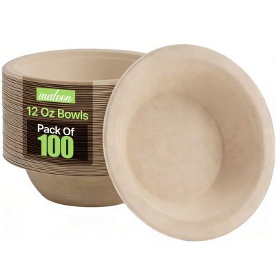 Inaloon 100-Pack 12 oz Disposable Paper Bowls Heavy-Duty, Compostable, Eco-Friendly Bagasse Bowls for Parties, Restaurants & Catering