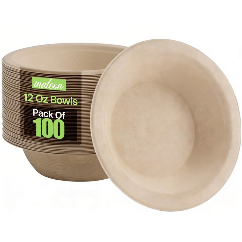 Inaloon 100-Pack 12 oz Disposable Paper Bowls Heavy-Duty, Compostable, Eco-Friendly Bagasse Bowls for Parties, Restaurants & Catering