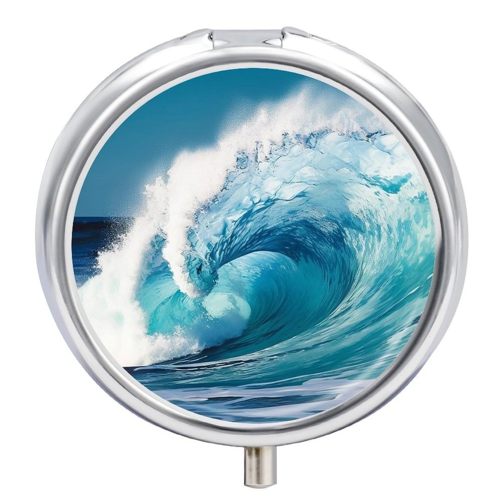 Sea Wave Pill Box 3 Compartments Portable Travel Pill Case Mini Medicine Organizer for Pocket Purse Metal Waterproof Medicine Container Holder Vitamin Fish Oil