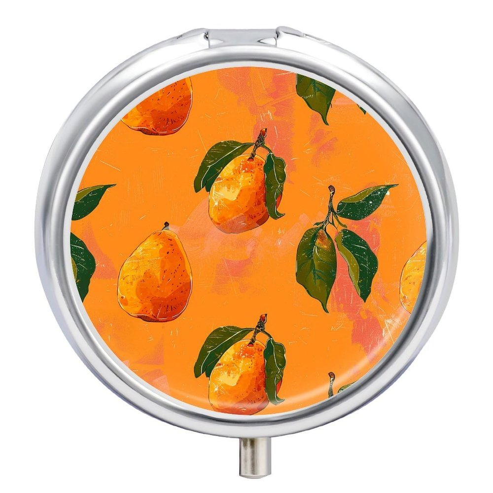 Orange Mango Pattern Pill Box 3 Compartments Portable Travel Pill Case Mini Medicine Organizer for Pocket Purse Metal Waterproof Medicine Container Holder Vitamin Fish Oil