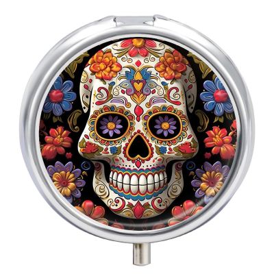 Sugar Skulls Pill Box 3 Compartments Portable Travel Pill Case Mini Medicine Organizer for Pocket Purse Metal Waterproof Medicine Container Holder Vitamin Fish Oil