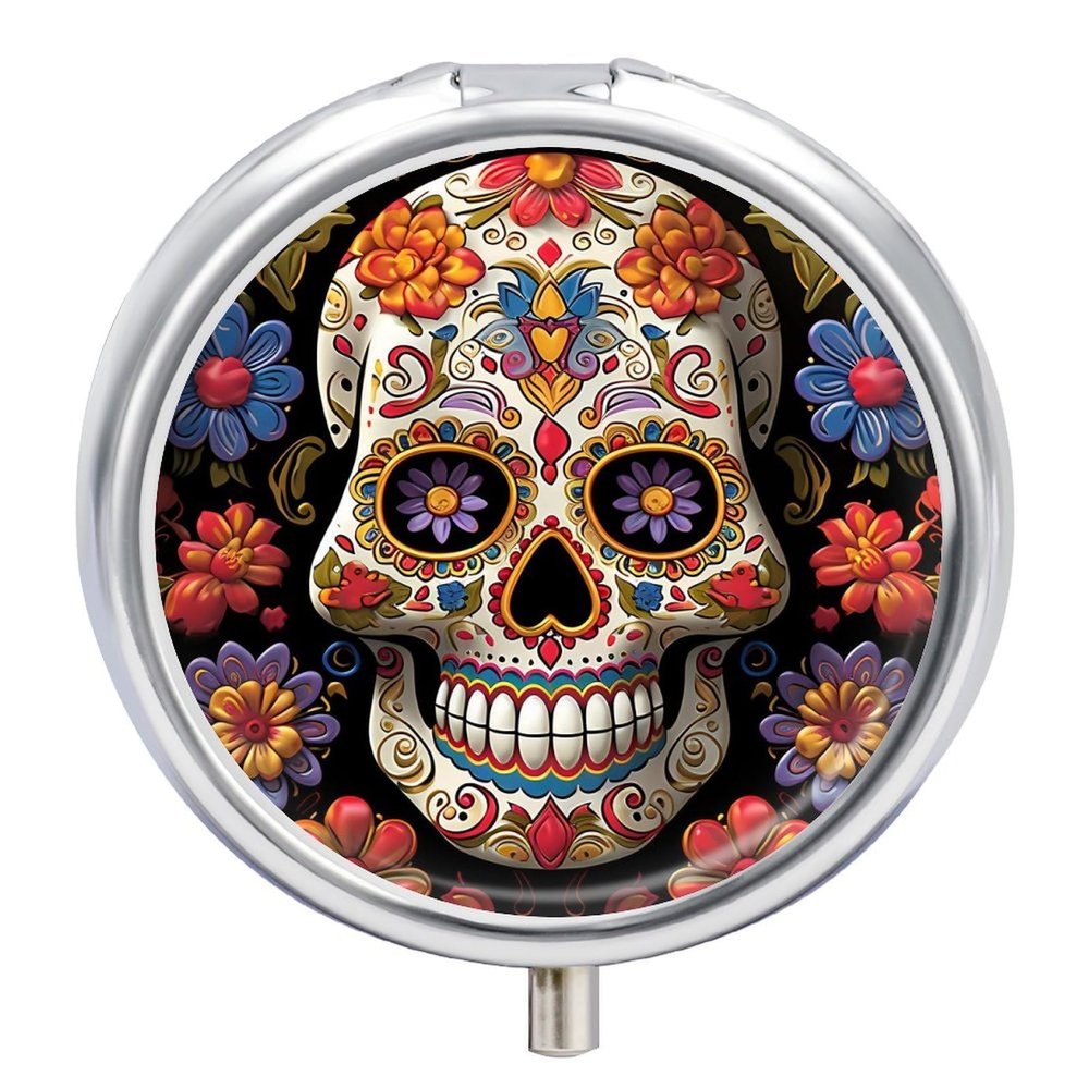 Sugar Skulls Pill Box 3 Compartments Portable Travel Pill Case Mini Medicine Organizer for Pocket Purse Metal Waterproof Medicine Container Holder Vitamin Fish Oil