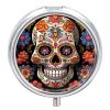 Sugar Skulls Pill Box 3 Compartments Portable Travel Pill Case Mini Medicine Organizer for Pocket Purse Metal Waterproof Medicine Container Holder Vitamin Fish Oil view 1