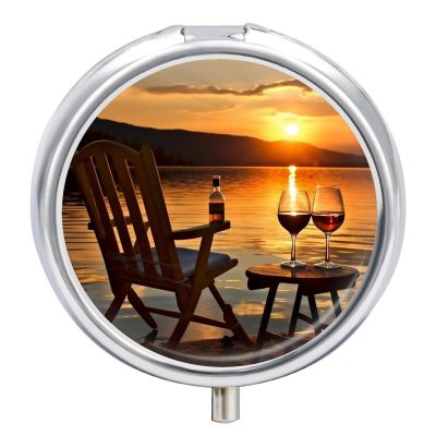 Chair at Sunset Lake Pill Box 3 Compartments Portable Travel Pill Case Mini Medicine Organizer for Pocket Purse Metal Waterproof Medicine Container Holder Vitamin Fish Oil