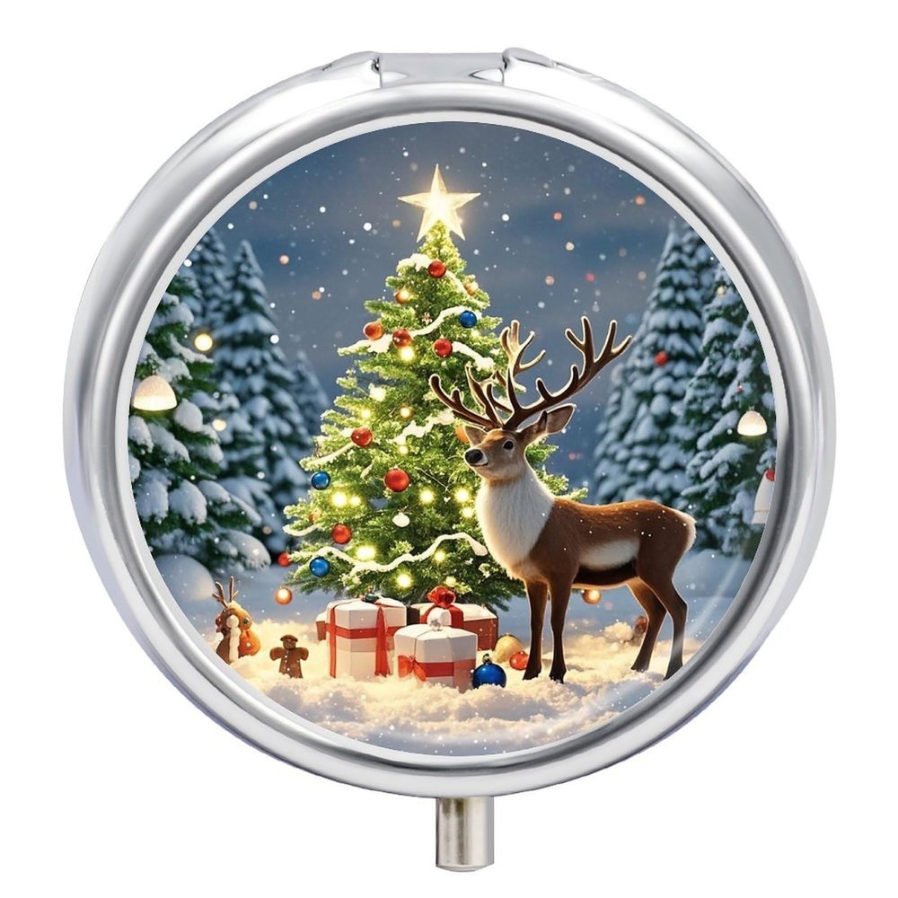 Christmas Tree and Reindeer Pill Box 3 Compartment Small Pill Case Medicine Pill Dispenser Pill Container Holder to Hold Vitamins Medication Fish Oil and Supplements Pill Organizer