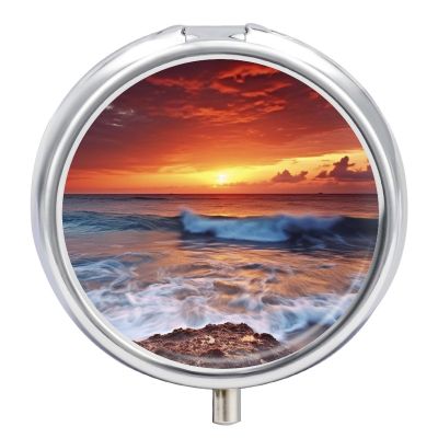 Sea Dusk Beach Sunset Pill Box 3 Compartments Portable Travel Pill Case Mini Medicine Organizer for Pocket Purse Metal Waterproof Medicine Container Holder Vitamin Fish Oil