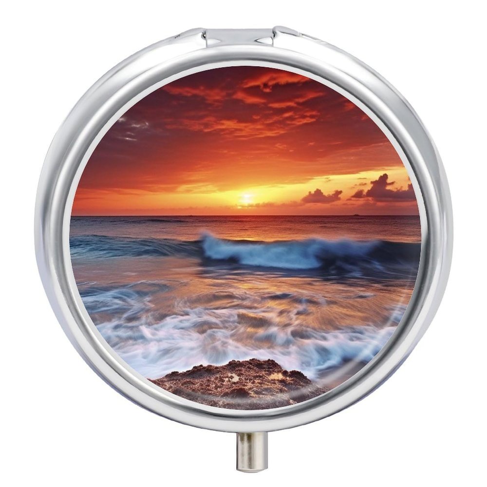 Sea Dusk Beach Sunset Pill Box 3 Compartments Portable Travel Pill Case Mini Medicine Organizer for Pocket Purse Metal Waterproof Medicine Container Holder Vitamin Fish Oil
