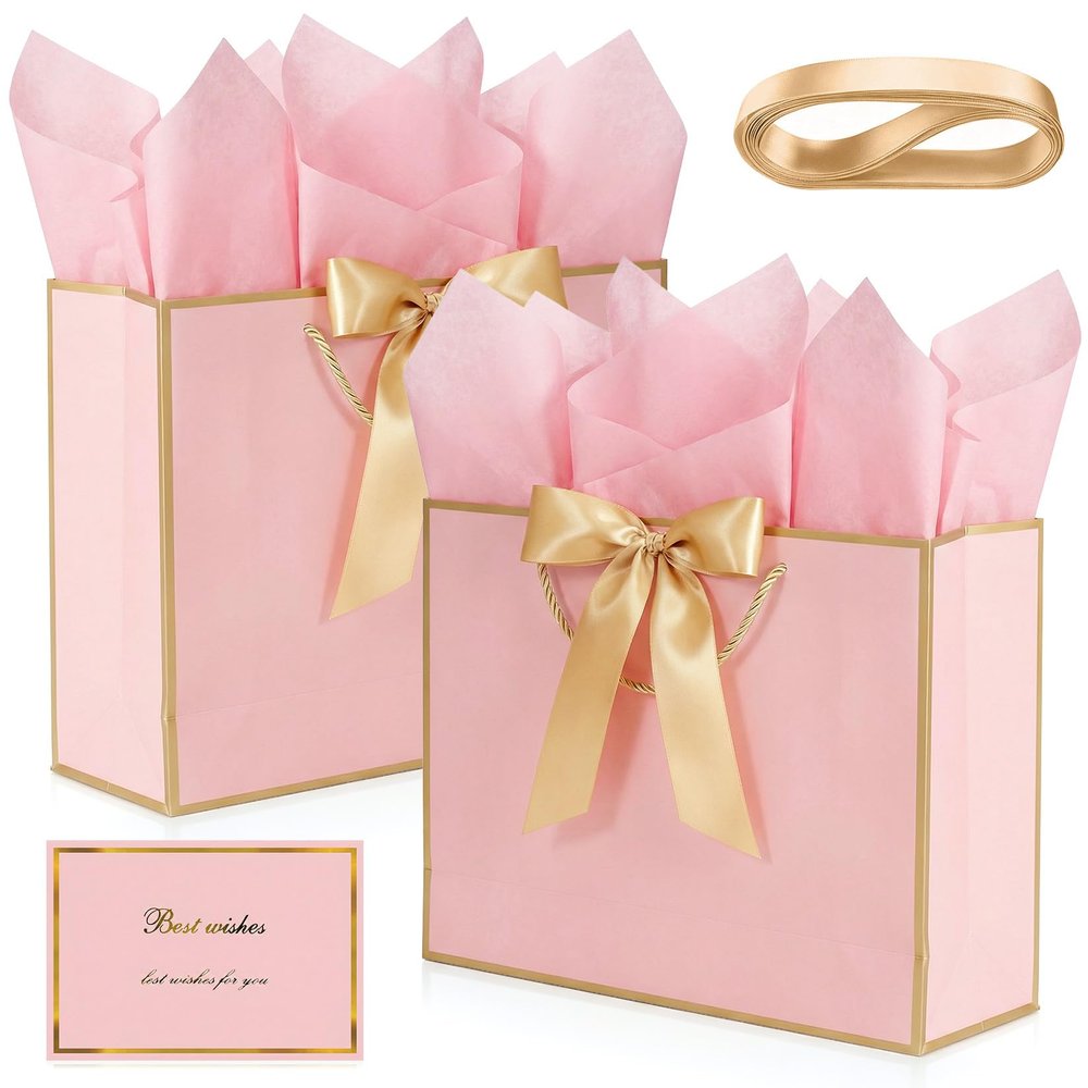 Vidroxin Pink Gift Bags Medium 12.6x9.8x4.3, 2Pcs Luxury Gift Bags with Bow Ribbon for Bridesmaid Wedding Baby Shower Thanksgiving Birthday Easter Christmas (Pink Gold)