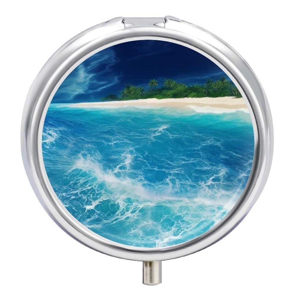 Ocean Beach Theme Pill Box 3 Compartments Portable Travel Pill Case Mini Medicine Organizer for Pocket Purse Metal Waterproof Medicine Container Holder Vitamin Fish Oil