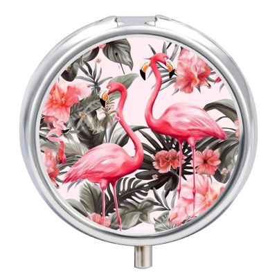 Flamingo Floral Printed Pill Box 3 Compartments Portable Travel Pill Case Mini Medicine Organizer for Pocket Purse Metal Waterproof Medicine Container Holder Vitamin Fish Oil