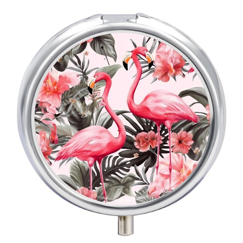 Flamingo Floral Printed Pill Box 3 Compartments Portable Travel Pill Case Mini Medicine Organizer for Pocket Purse Metal Waterproof Medicine Container Holder Vitamin Fish Oil