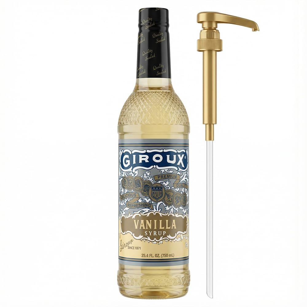 Giroux Vanilla Syrup - Premium Natural Flavor Syrup for Coffee & Beverages (25.4 fl oz / 750 ml) - Includes Pump - 6 Pack