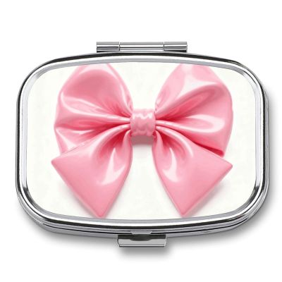 Pill Box Pink Bow Travel Pill Organizer 2-Compartment Portable Medicine Case with Mirror Design for Vitamins, Jewelry & Essentials Durable Pocket Pillbox for Purse, Camping