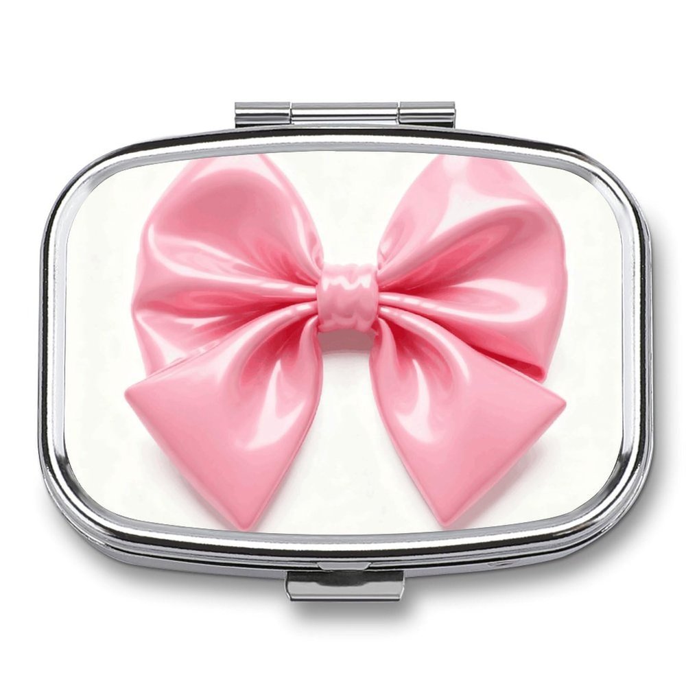 Pill Box Pink Bow Travel Pill Organizer 2-Compartment Portable Medicine Case with Mirror Design for Vitamins, Jewelry & Essentials Durable Pocket Pillbox for Purse, Camping