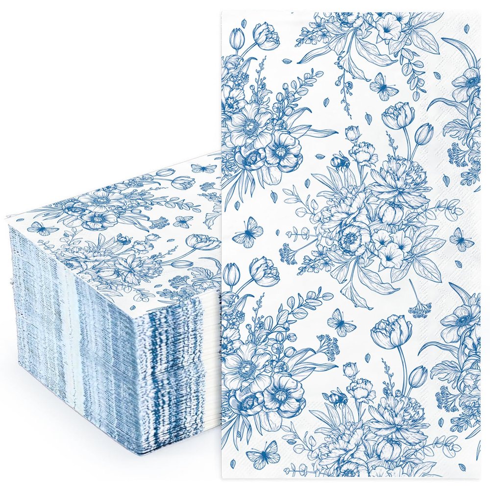 100 Pack Blue Floral Napkins | Floral Paper Napkins Decorative Spring Wildflower Napkin for Decoupage, Tea Party Decoration, Mother's Day, Wedding, Bridal & Baby Shower (Blue)