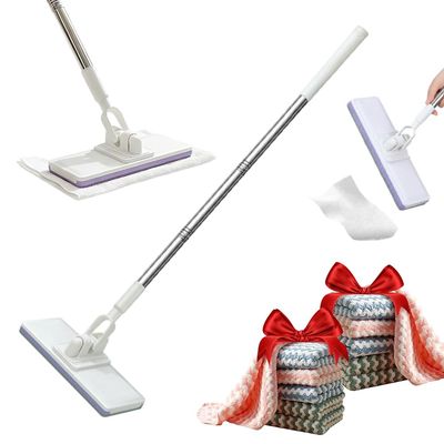 Disposable Dust Mop with 10 Reusable Cloths, 2026 New Convenient Cloth Changing Mini Mop 38" Long Handle Wet and Dry Flat Mopping, Sweeper Stick Lightweight Snap for Corners Multi Surface (Cloth*10)