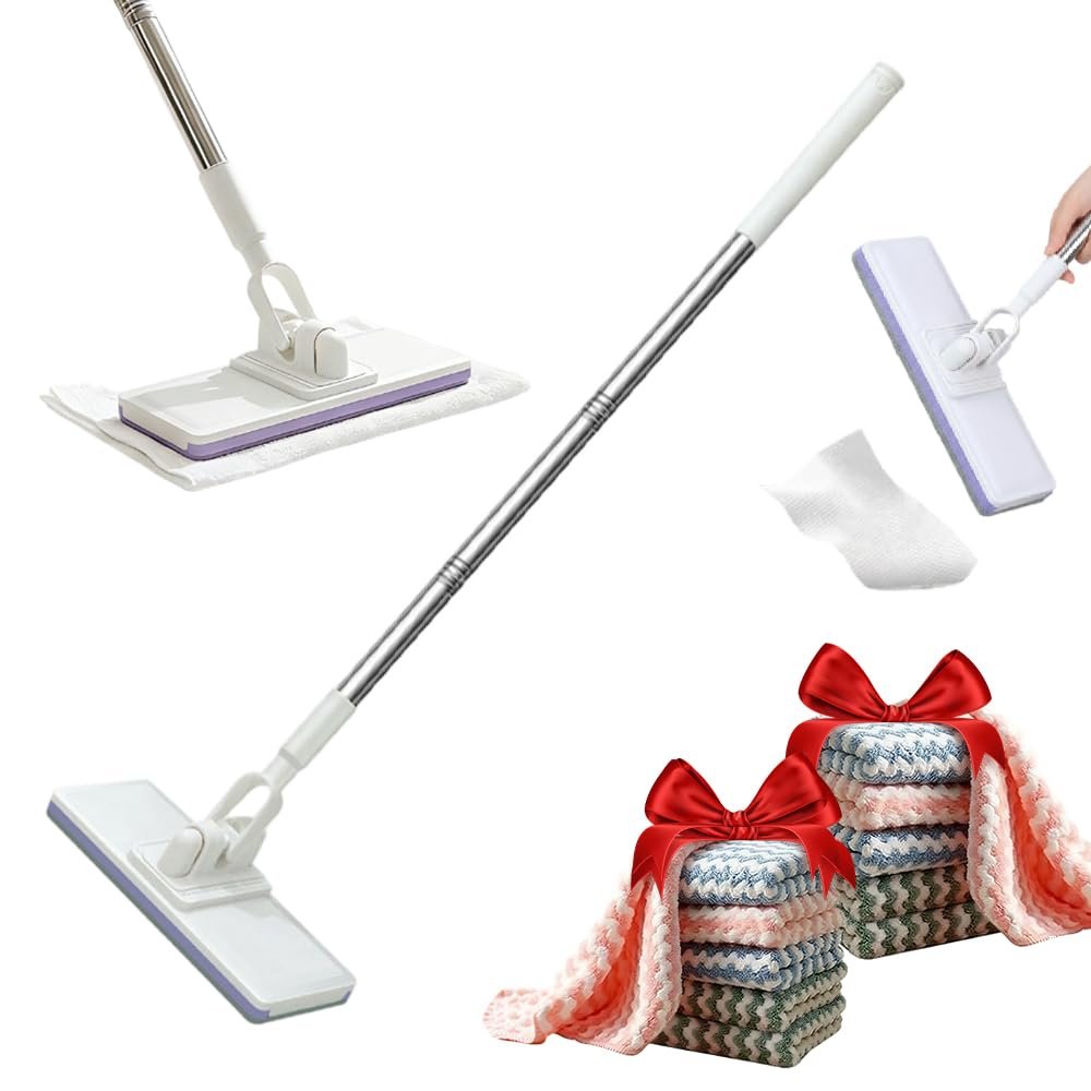 Disposable Dust Mop with 10 Reusable Cloths, 2026 New Convenient Cloth Changing Mini Mop 38" Long Handle Wet and Dry Flat Mopping, Sweeper Stick Lightweight Snap for Corners Multi Surface (Cloth*10)