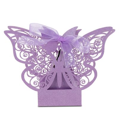 100PCS Wedding Favor Sugar Chocolate Boxes, Elegant Candy Boxes for Wedding Birthday Party, Butterfly Sugar Boxes with Rustic Design, Perfect for Alpenliebe Candies and Dove Chocol (Light Purple)
