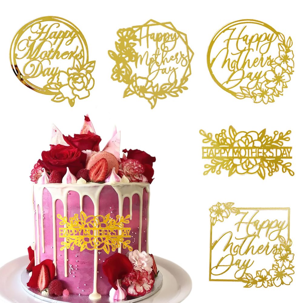 10 Pcs Happy Mother's Day Cake Toppers Gold Acrylic Side Cake Decoration for Mom Birthday Party DIY Dessert Accessories Supplies