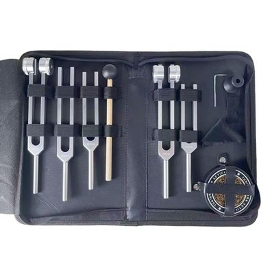 Aluminum Alloy Tuning Fork Set, Tuning Fork 5-Piece Set, 128Hz-256Hz-384Hz-136.1Hz-528Hz Ear-Cleaning Resonance Tuning Forks,Includes Black Zip Pouch,activator,base,spanner,cleaning Cloth Small Hammer