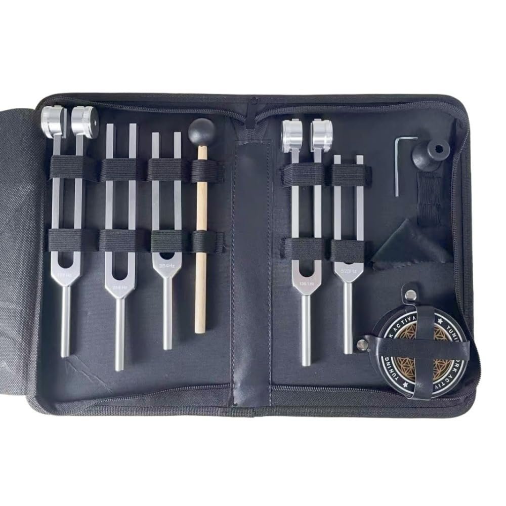 Aluminum Alloy Tuning Fork Set, Tuning Fork 5-Piece Set, 128Hz-256Hz-384Hz-136.1Hz-528Hz Ear-Cleaning Resonance Tuning Forks,Includes Black Zip Pouch,activator,base,spanner,cleaning Cloth Small Hammer