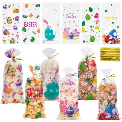 Aubeco Easter Cellophane Treat Bags with Twist Tie, 120pcs Bunny Gift Bags, Plastic Cello Bags for Candy, Cookie, Snack, Party Favor, 6 Styles