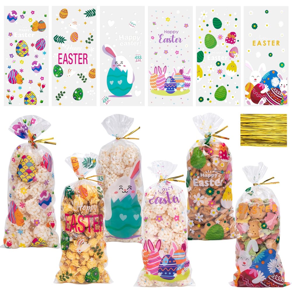 Aubeco Easter Cellophane Treat Bags with Twist Tie, 120pcs Bunny Gift Bags, Plastic Cello Bags for Candy, Cookie, Snack, Party Favor, 6 Styles