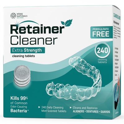 Weiss Naturals Retainer Cleaner Tablets, Remove Stains, Odors & Plaque, PERSULFATE FREE Night Guard & Denture Cleaner 8-Month Supply, 240 Mint Scented Tablets