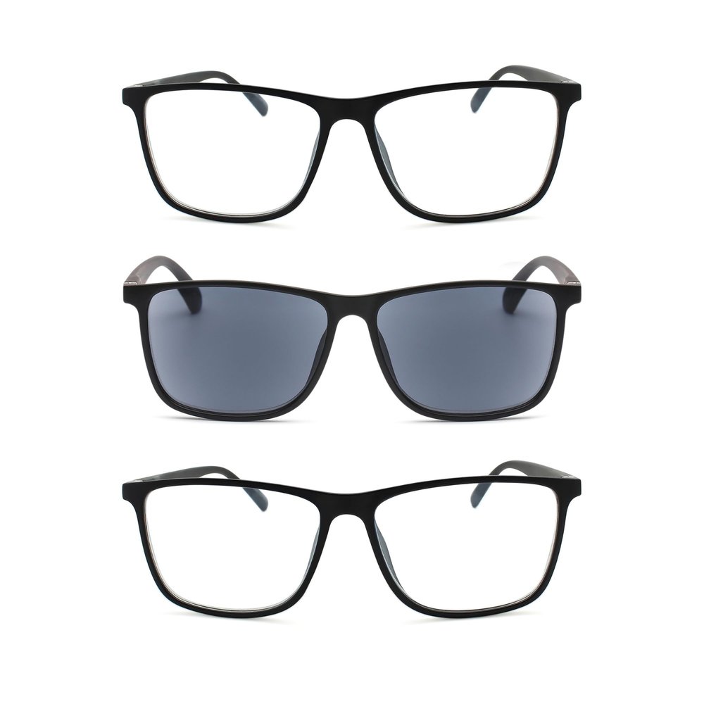 2SeeLife Durable Large TR-90 Reading Glasses Multipack for Men Medium-Wide Fit, Flex Sturdy Frame, Spring Hinges, Premium Readers, 2 Black Matte, Black (Sun Readers), +3.00