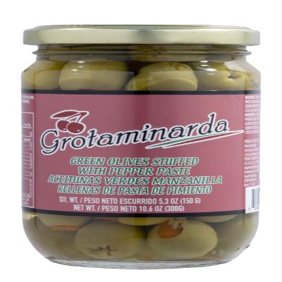 GROTAMINARDA | Green Manzanilla Olives Stuffed With Pepper Paste | 300 G